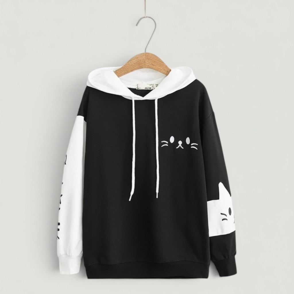 Vusy Kawaii Shop Official black and white cotton-blend pullover hoodie with cat face graphic and cat ear details.