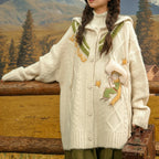 Vusy Kawaii Shop Official cream cable knit hooded cardigan with embroidery of The Little Prince and stars.