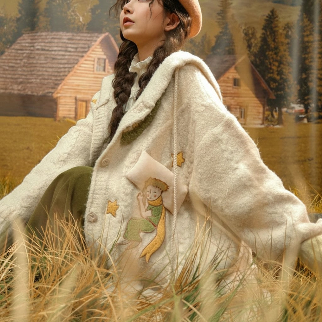 Vusy Kawaii Shop Official cream cable knit sweater coat with The Little Prince embroidery and star details.