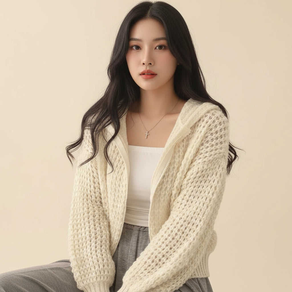 Vusy Kawaii Shop Official cream knit zip-up hoodie with textured sleeves and drawstring hood, worn by a woman with dark hair.
