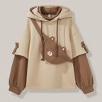 Vusy Kawaii Shop Official beige and brown layered long sleeve hoodie with adjustable drawstring hood and a cute bear face crossbody bag.