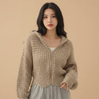 Vusy Kawaii Shop Official beige textured knit zip-up hoodie with drawstring hood and silver zipper detail.