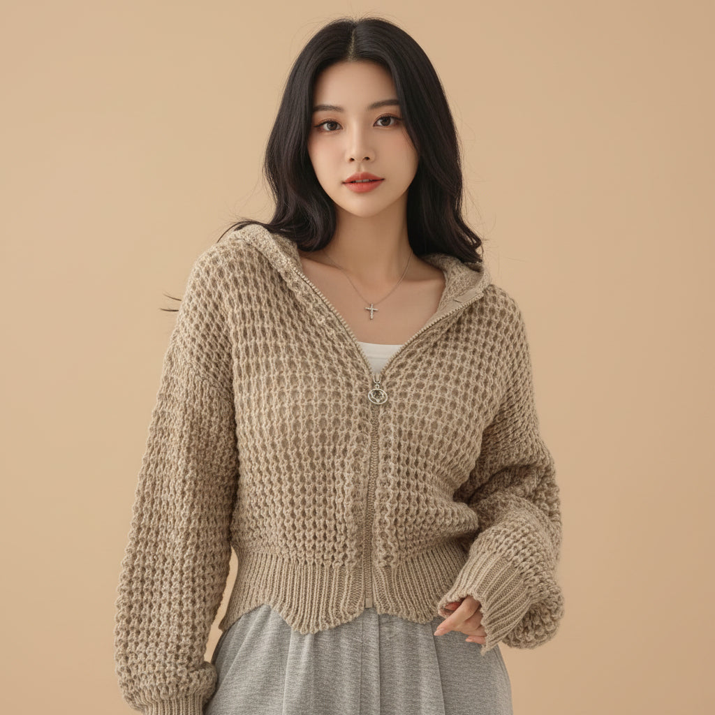 Vusy Kawaii Shop Official beige textured knit zip-up hoodie with drawstring hood and silver zipper detail.