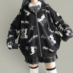 Vusy Kawaii Shop Official black cotton-polyester blend hooded sweatshirt with all-over cartoon bear and scissors print.