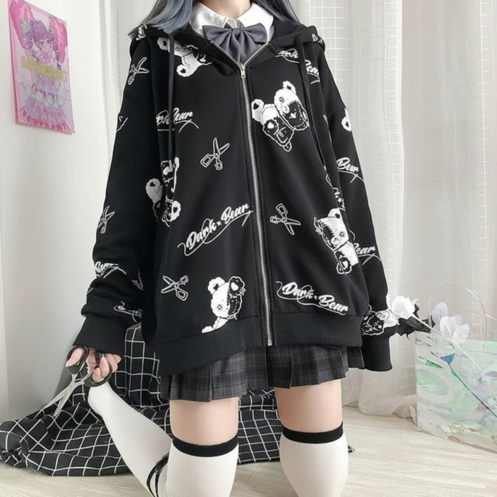Vusy Kawaii Shop Official black hooded zip-up sweatshirt with all-over cartoon bear and scissors print. Cotton-polyester blend.