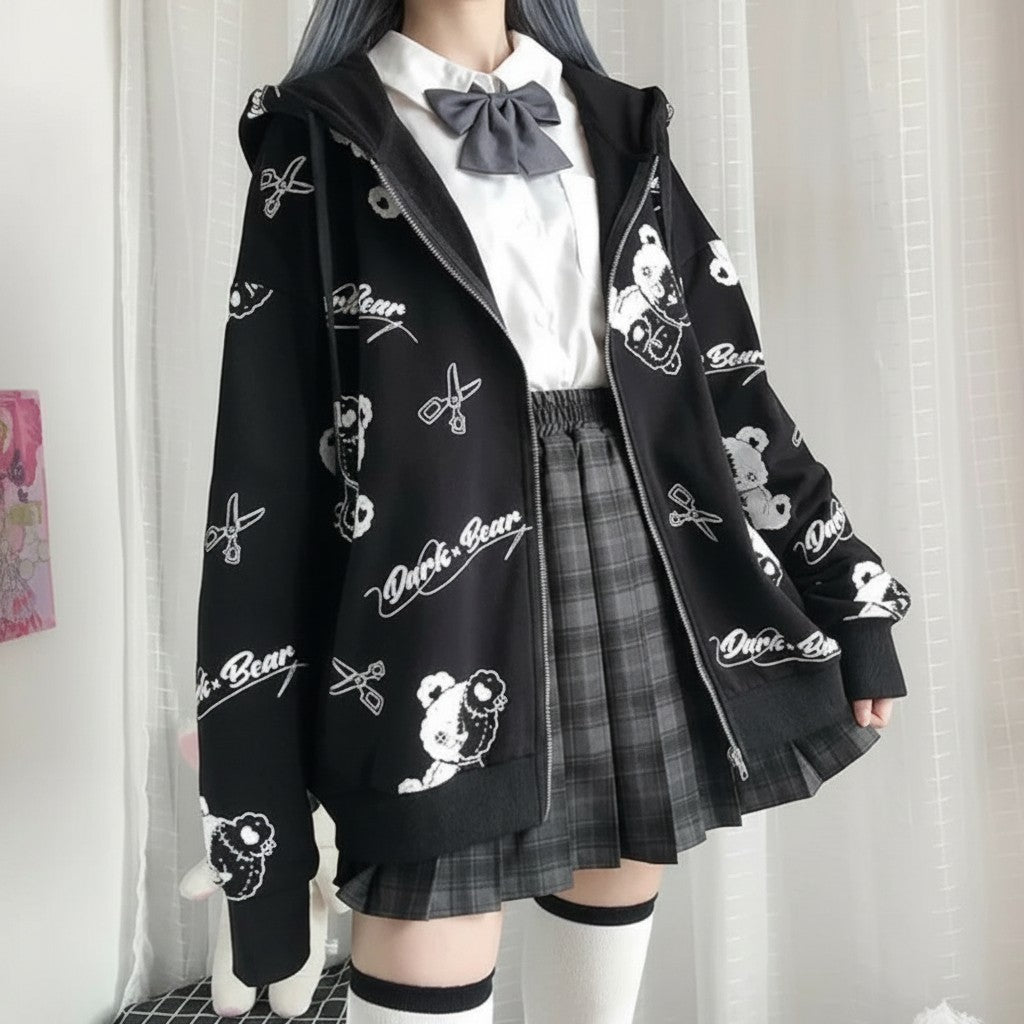 Vusy Kawaii Shop Official black hooded zip-up sweatshirt with all-over cartoon bear and scissors print. Features a white collared shirt and grey bow tie.