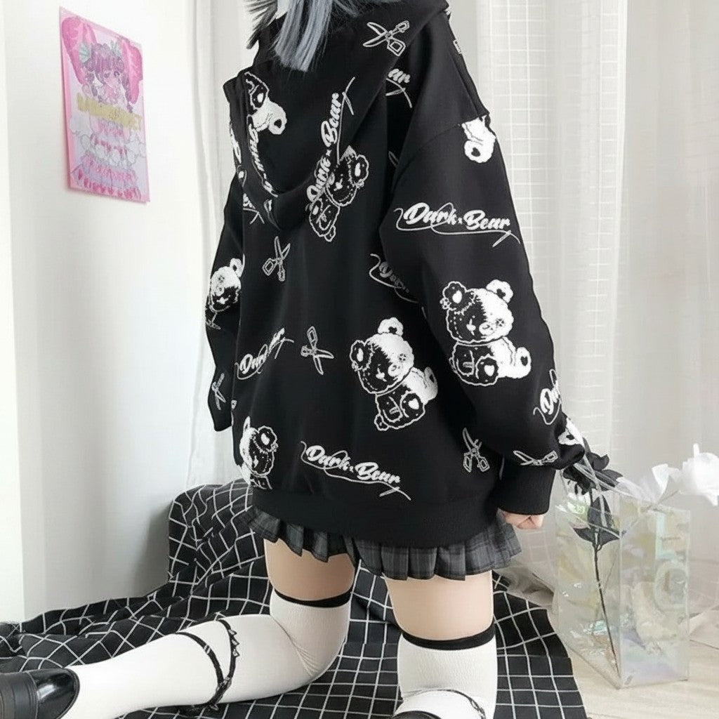 Vusy Kawaii Shop Official black cotton-polyester blend hooded sweatshirt with all-over cartoon bear and scissors print.