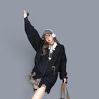 Vusy Kawaii Shop Official black distressed V-neck acrylic knit sweater with zipper and layered lace details.