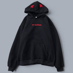Vusy Kawaii Shop Official black cotton-polyester blend sweatshirt with red embroidered text and red devil horns on the hood.