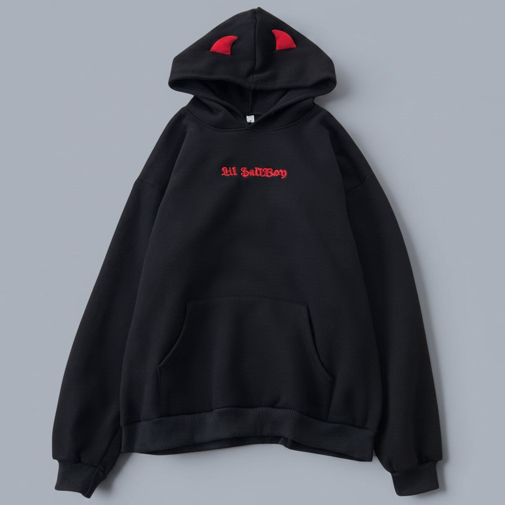 Vusy Kawaii Shop Official black cotton-polyester blend sweatshirt with red embroidered text and red devil horns on the hood.