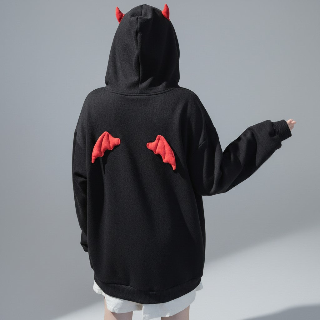 Vusy Kawaii Shop Official black cotton-polyester blend sweatshirt with red devil wings and horns on hood.