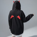 Vusy Kawaii Shop Official black cotton-polyester blend sweatshirt with red devil wings and horns on hood.