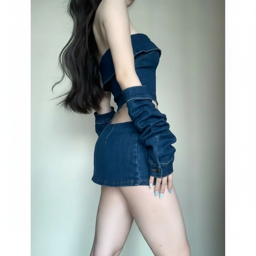 Vusy Kawaii Shop Official blue denim tube top and high-waisted mini skirt set with detached sleeves.