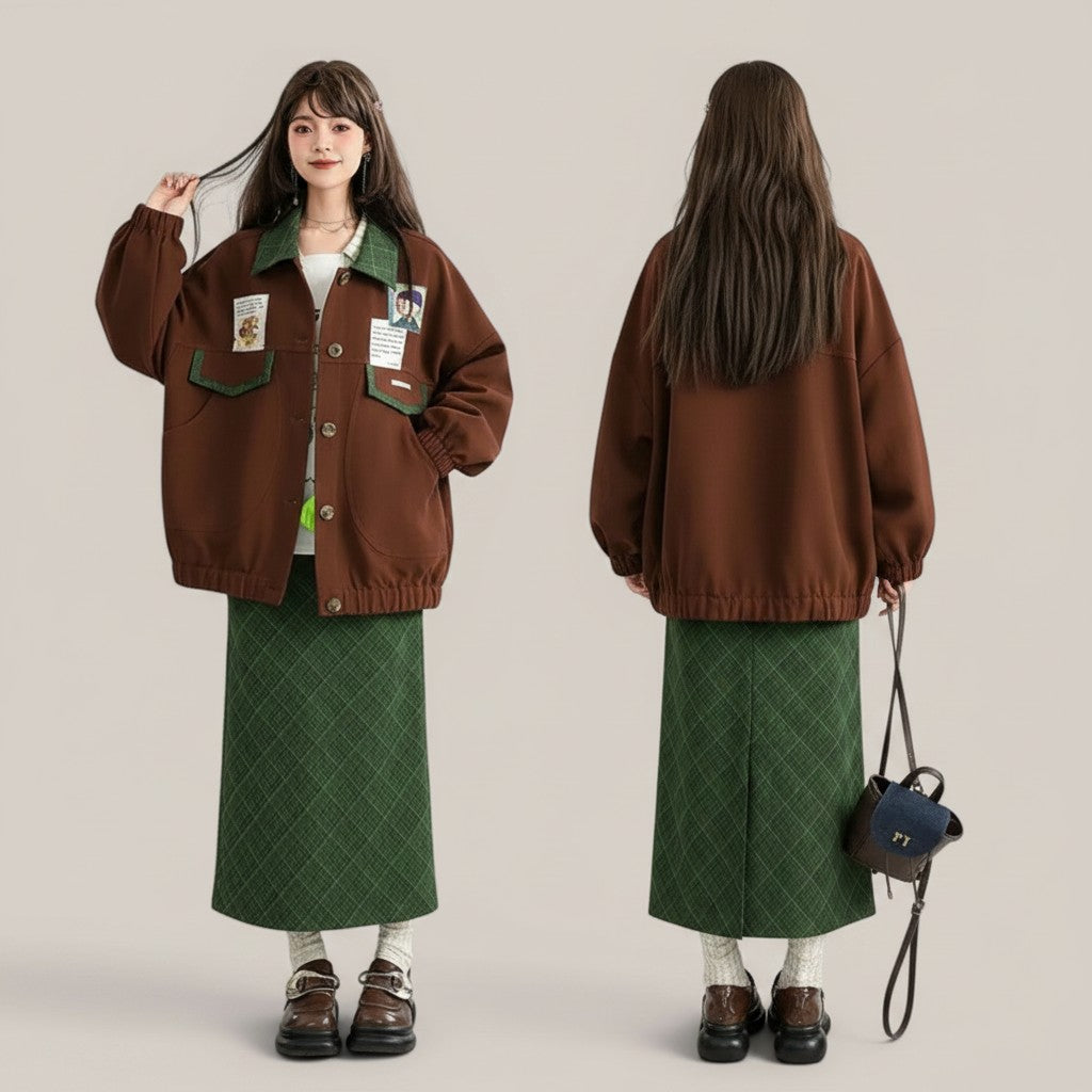 Vusy Kawaii Shop Official brown polyester-cotton blend bomber jacket with green collar and pockets, featuring Japanese style patches.