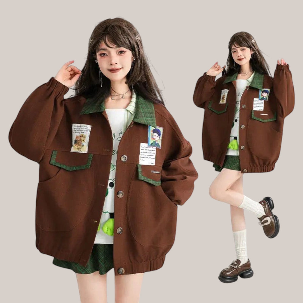 Vusy Kawaii Shop Official brown polyester-cotton blend bomber jacket with green accents and cute patches, Japanese style.