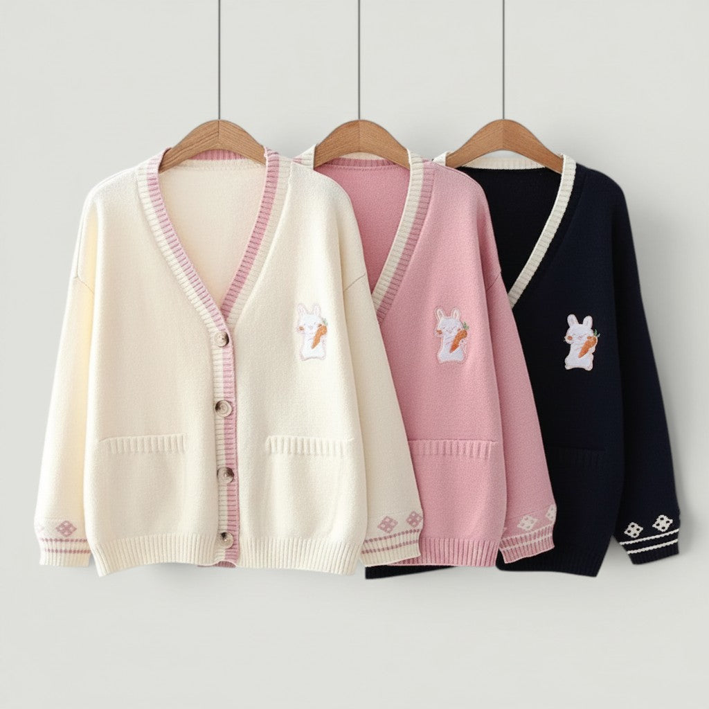 Vusy Kawaii Shop Official cream, pink, and navy knitted cardigans with bunny and carrot embroidery. Features V-neck, button closure, and pockets.