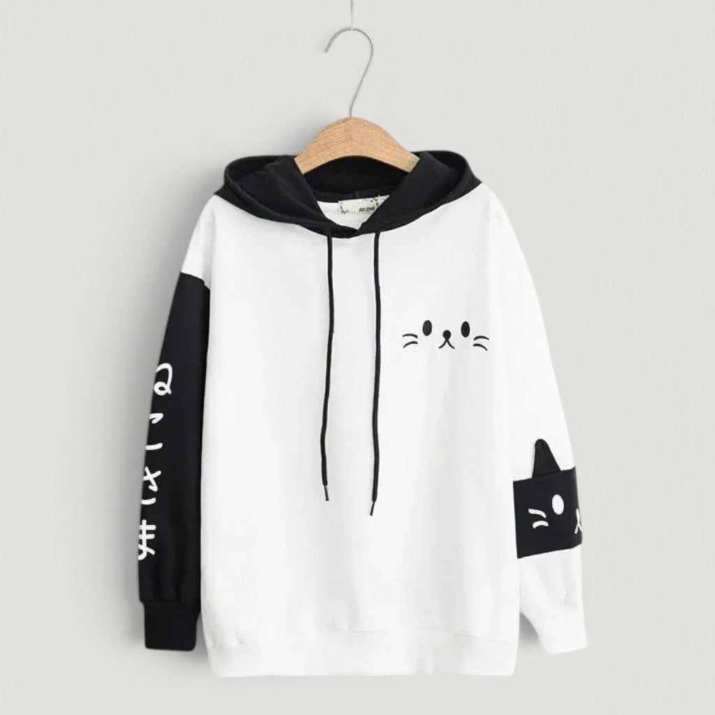 Vusy Kawaii Shop Official white and black cotton-blend pullover hoodie with cat face graphic and Japanese text on sleeve.