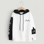 Vusy Kawaii Shop Official white and black cotton-blend pullover hoodie with cat face graphic and Japanese text on sleeve.