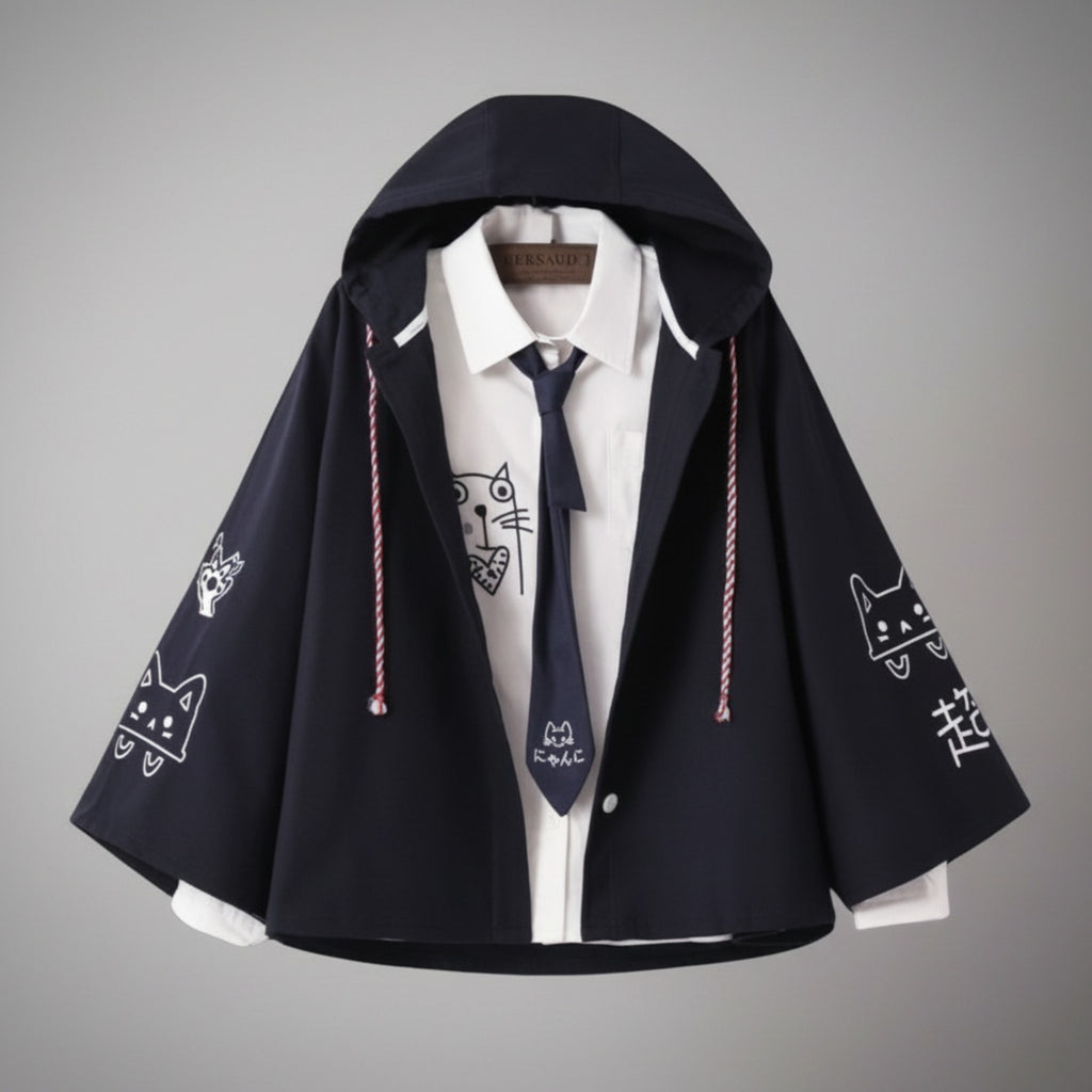 Vusy Kawaii Shop Official navy blue oversized hoodie coat with white shirt and tie, featuring cute cat prints on sleeves and shirt.