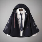 Vusy Kawaii Shop Official navy blue oversized hoodie coat with white shirt and tie, featuring cute cat prints on sleeves and shirt.