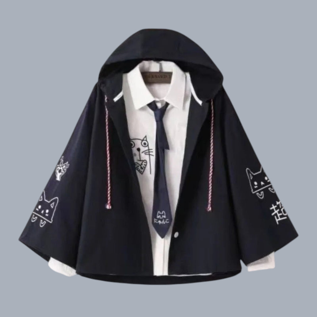 Vusy Kawaii Shop Official dark navy oversized hoodie coat with white cat print and adjustable drawstring hood.