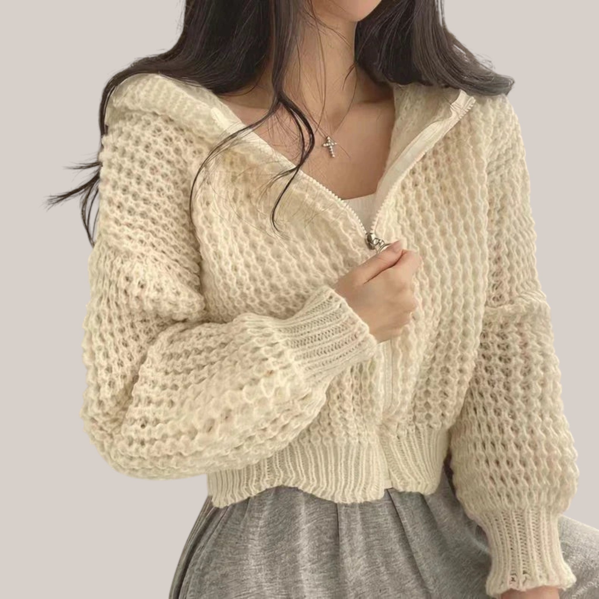 Vusy Kawaii Shop Official cream knit zip-up hoodie with a waffle knit texture and relaxed fit.