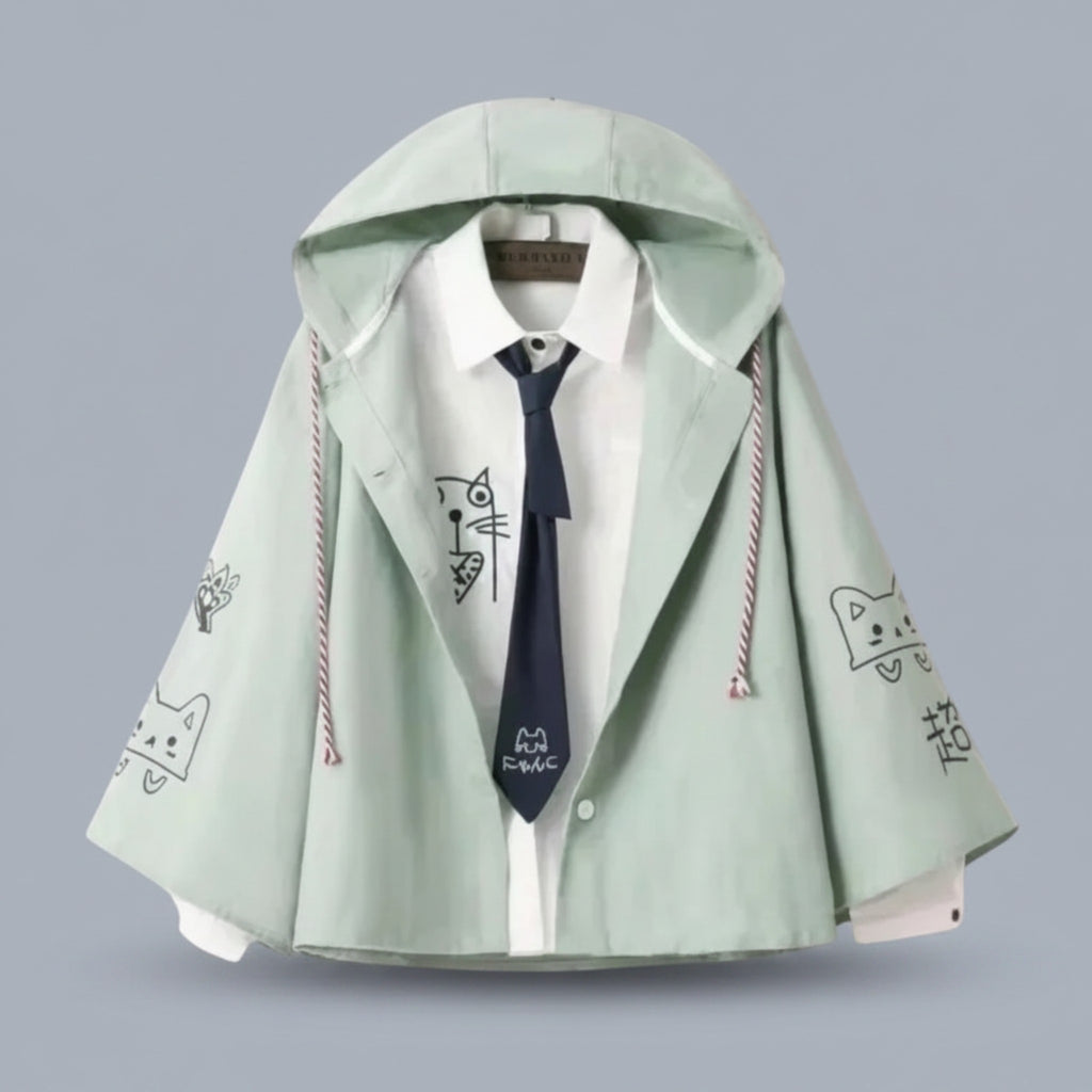 Vusy Kawaii Shop Official light green oversized hoodie coat with cat print, white shirt, and navy tie.