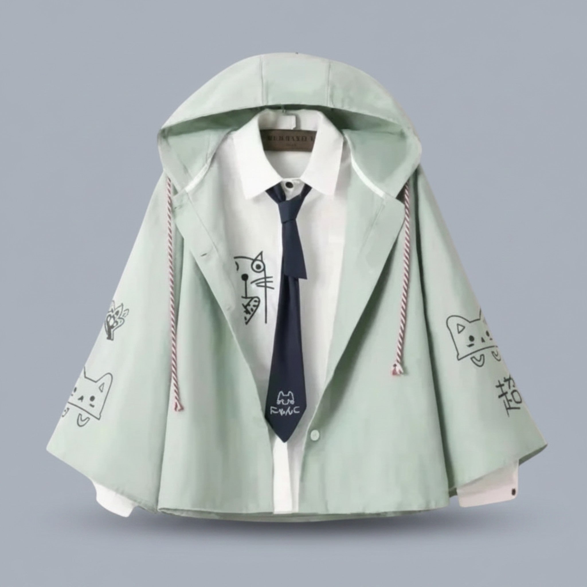 Vusy Kawaii Shop Official light green oversized hoodie coat with cat print, white shirt, and navy tie.