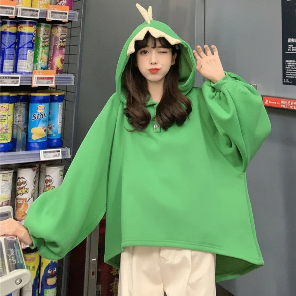 Vusy Kawaii Shop Official green oversized cotton-polyester blend hoodie with dinosaur hood details and adjustable drawstring.