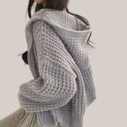 Vusy Kawaii Shop Official light grey oversized knit zip hoodie with waffle texture and drawstring hood.