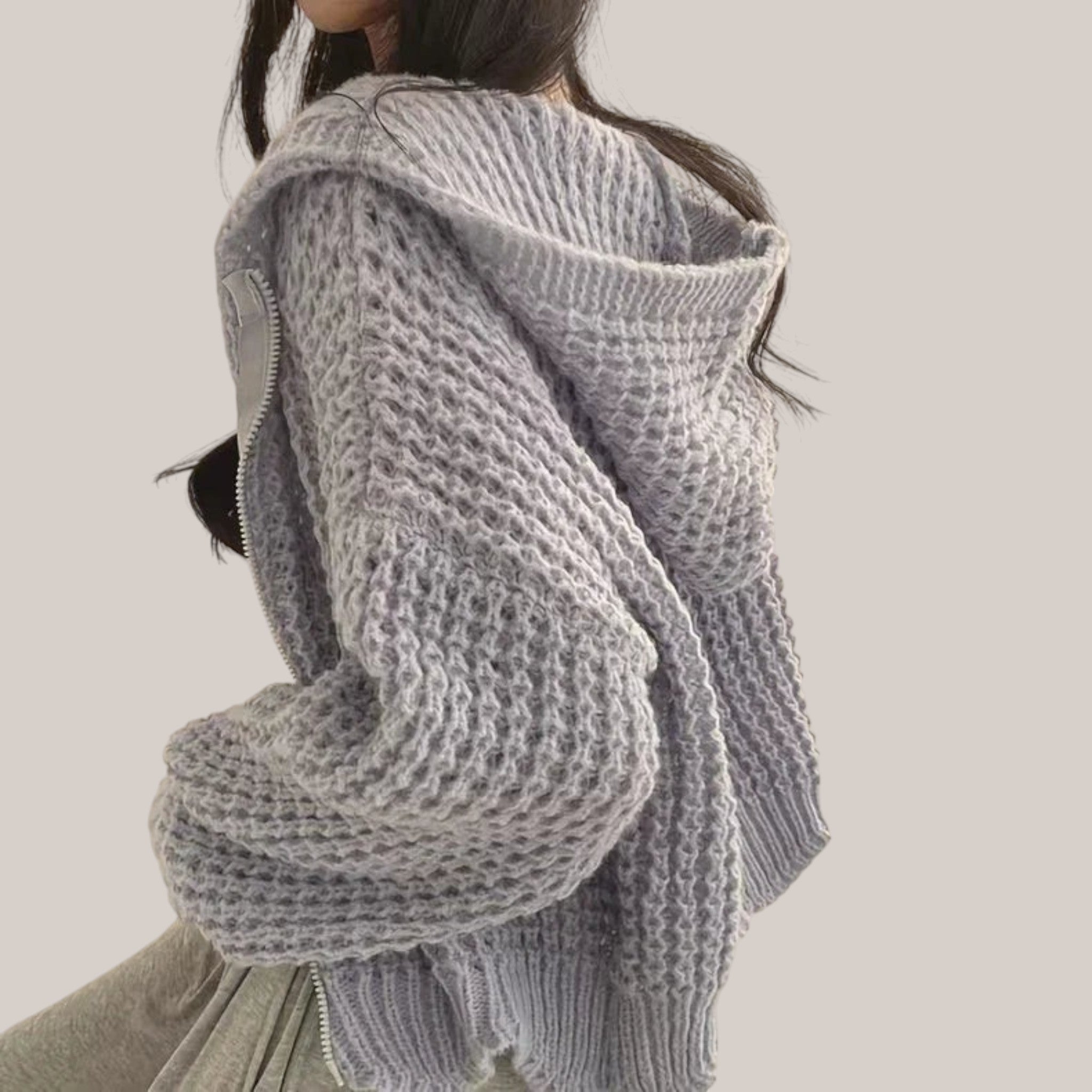 Vusy Kawaii Shop Official light grey oversized knit zip hoodie with waffle texture and drawstring hood.
