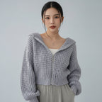 Vusy Kawaii Shop Official light grey textured knit zip-up hoodie with balloon sleeves and drawstring hood.