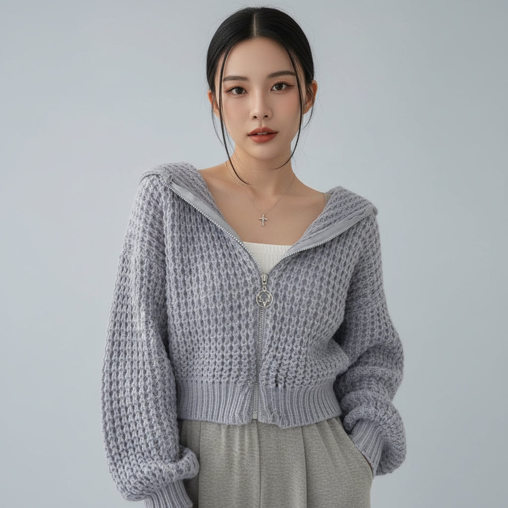Vusy Kawaii Shop Official light grey textured knit zip-up hoodie with balloon sleeves and drawstring hood.