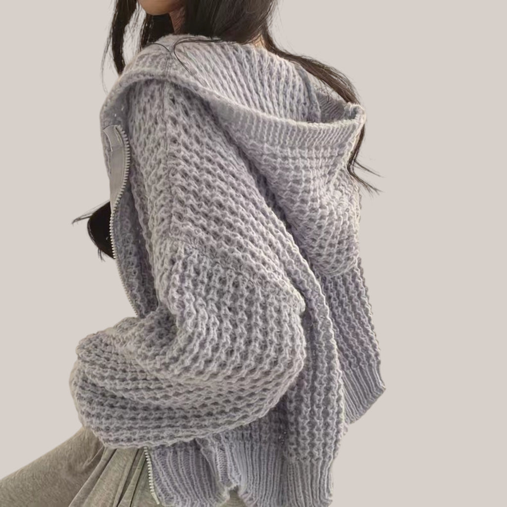 Vusy Kawaii Shop Official light grey oversized knit zip hoodie with waffle texture and drawstring hood.