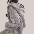 Vusy Kawaii Shop Official light grey oversized knit zip hoodie with waffle texture and drawstring hood.