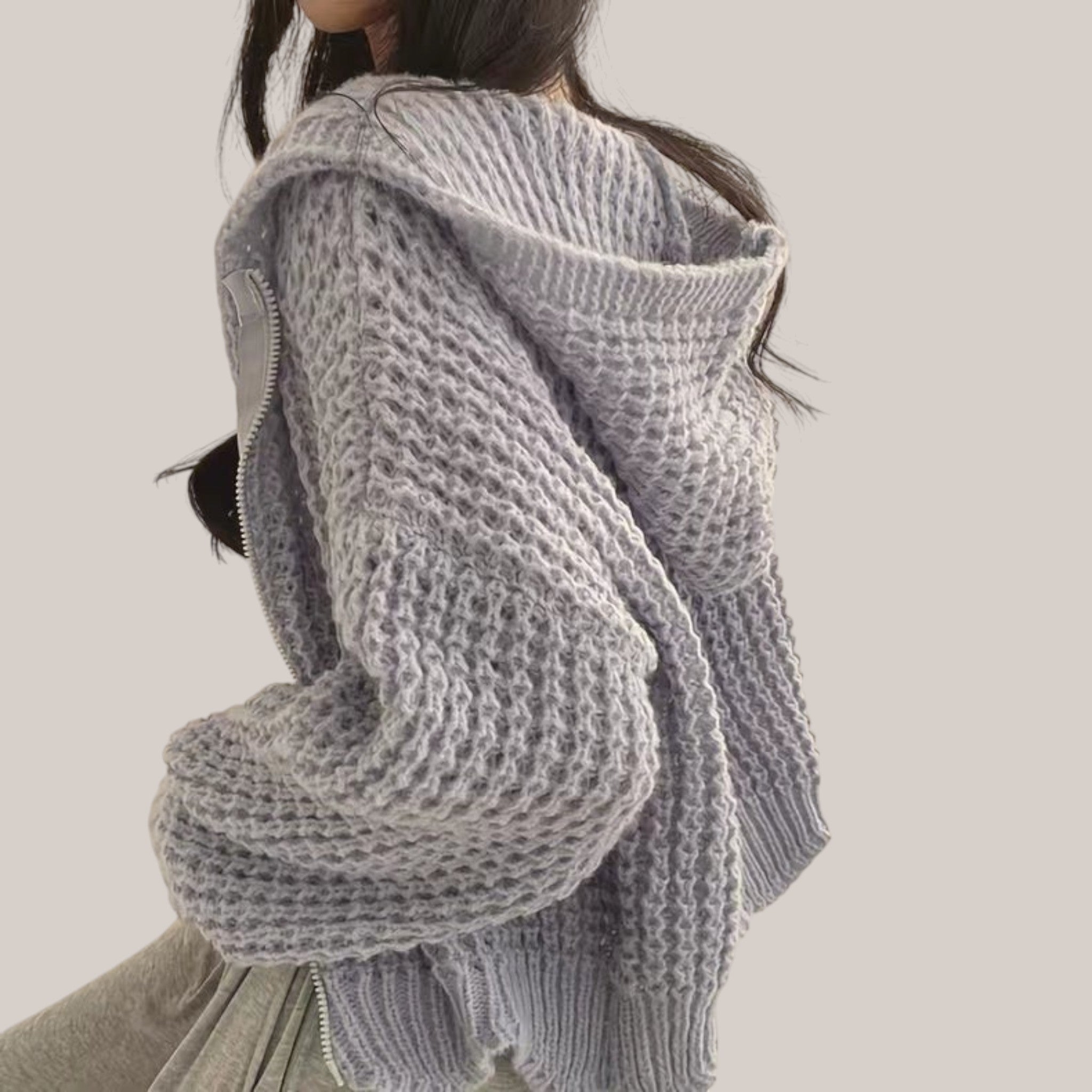 Vusy Kawaii Shop Official light grey oversized knit zip hoodie with waffle texture and drawstring hood.