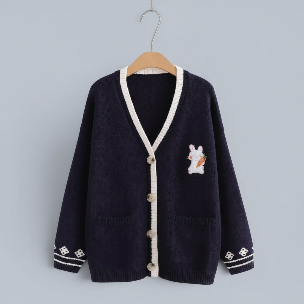 Vusy Kawaii Shop Official navy blue knitted cardigan with white trim, featuring a cute embroidered bunny with a carrot on the chest and decorative pattern on the cuffs.