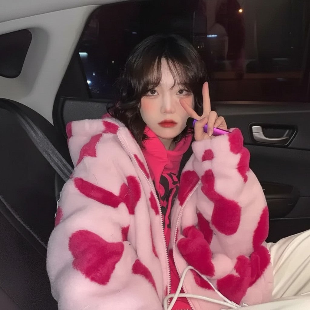Vusy Kawaii Shop Official pink plush jacket with large hot pink heart print, worn by a young woman.