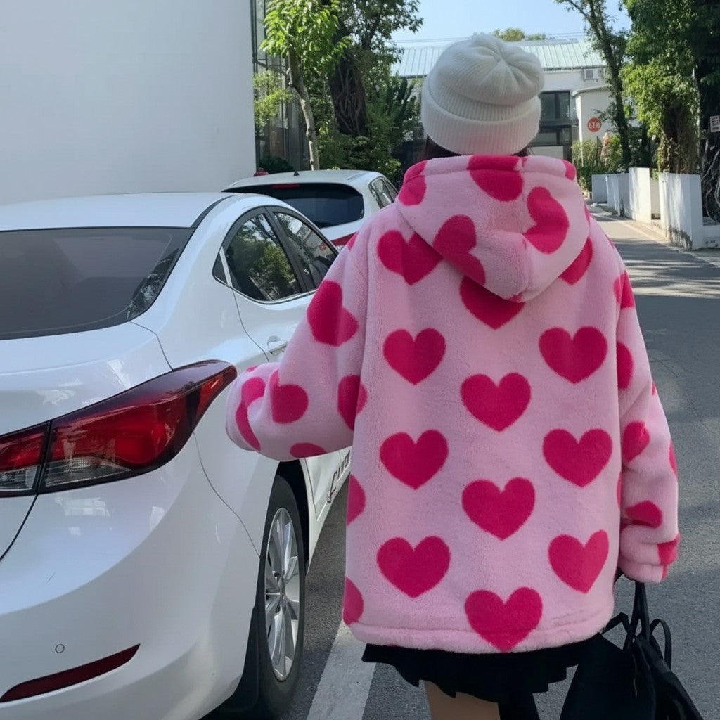 Vusy Kawaii Shop Official pink plush jacket with large hot pink heart print, hooded, worn by a person with a white beanie.