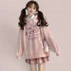 Vusy Kawaii Shop Official pink cotton-polyester blend oversized hoodie with a cute pig and candy jar graphic print.