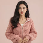 Vusy Kawaii Shop Official pink textured knit zip-up hoodie with drawstring hood and relaxed fit.