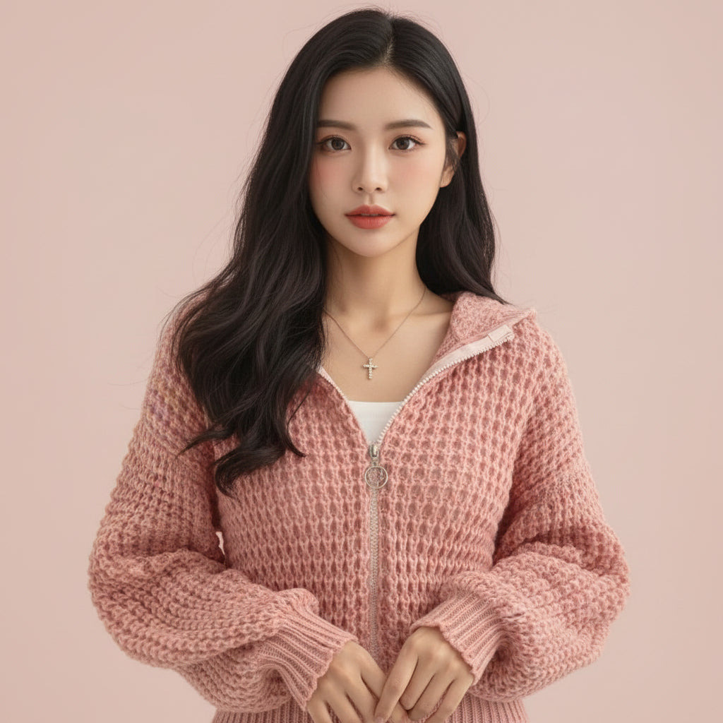 Vusy Kawaii Shop Official pink textured knit zip-up hoodie with drawstring hood and relaxed fit.