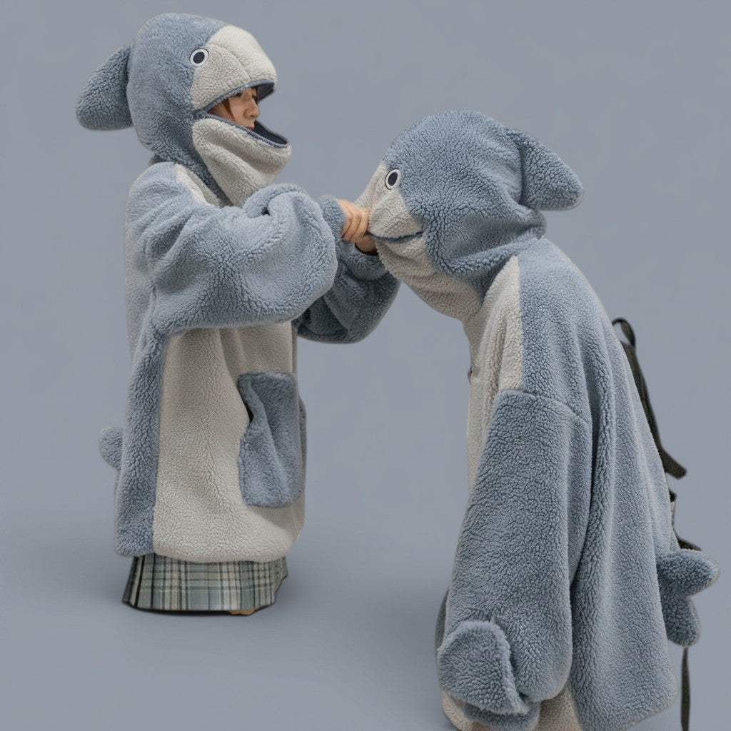 Vusy Kawaii Shop Official light blue and grey plush shark hoodie with drawstring hood and front pocket.