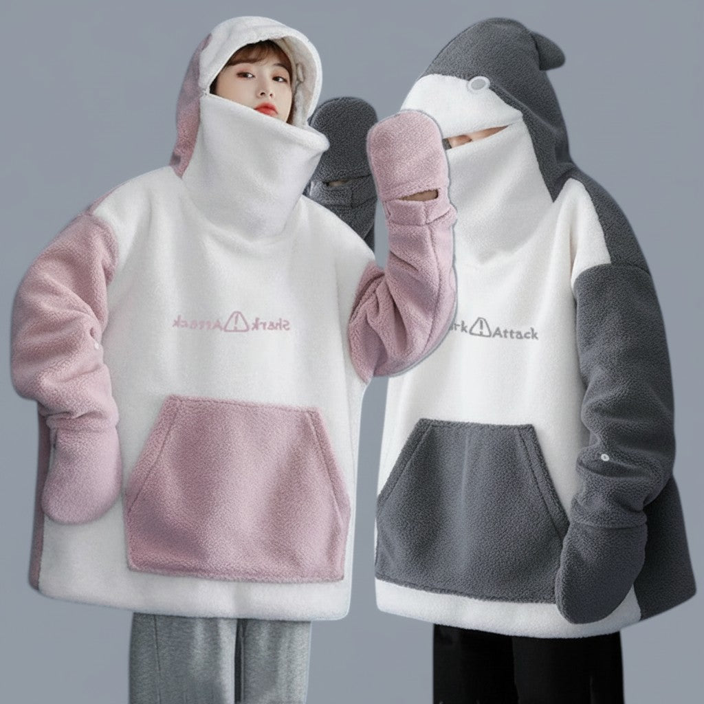 Vusy Kawaii Shop Official couple's oversized fleece hoodie with shark fin hood, white body, pink and grey sleeves, and attached mittens.
