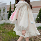 Vusy Kawaii Shop Official white fluffy hoodie with pink bunny ears and drawstring. Oversized fit, perfect for kawaii style.