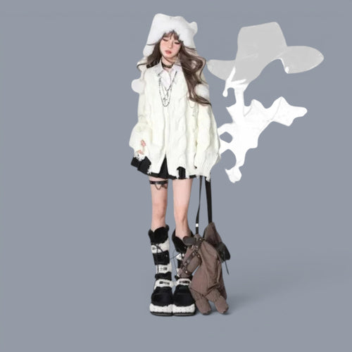 Vusy Kawaii Shop Official white loose V-neck cable knit sweater with distressed hem, worn by a model with a fluffy white hat and black skirt.