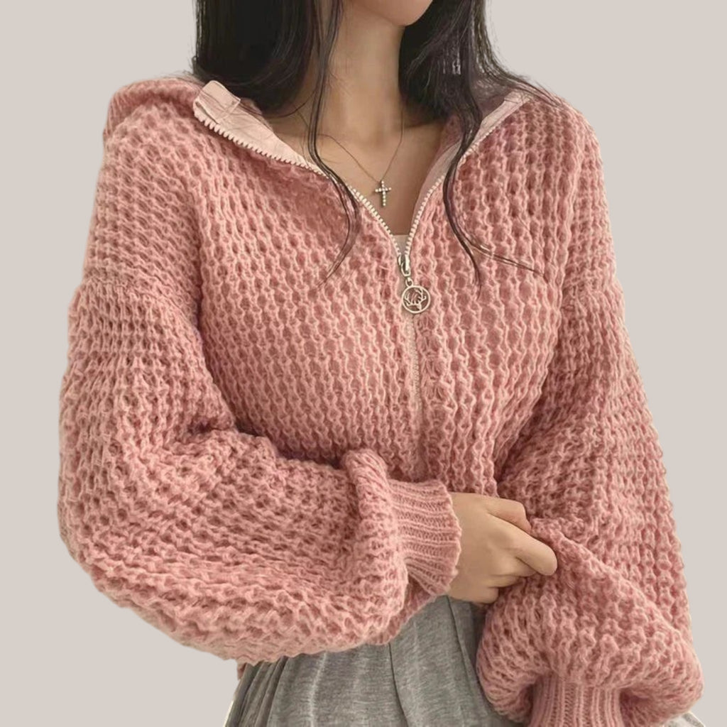 Vusy Kawaii Shop Official pink knit zip-up hoodie with drawstring hood and relaxed fit.