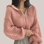 Vusy Kawaii Shop Official pink knit zip-up hoodie with drawstring hood and relaxed fit.