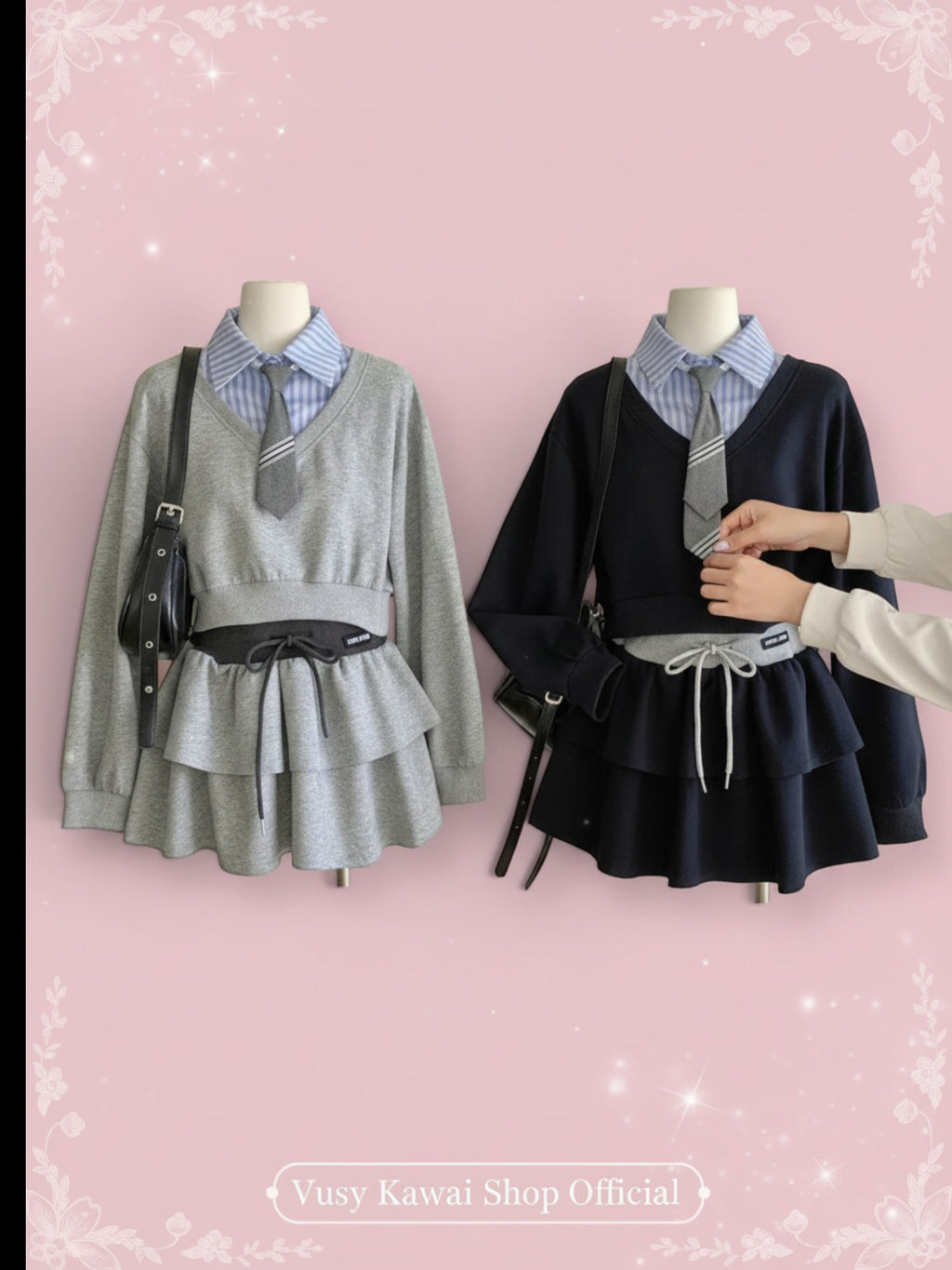 Vusy Kawaii Shop Official grey and navy two-piece set with striped shirt and tie, featuring a V-neck sweatshirt and tiered skirt.
