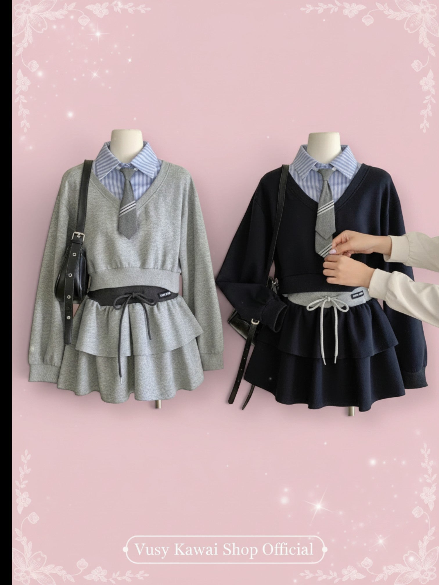 Vusy Kawaii Shop Official grey and navy two-piece set with striped shirt and tie, featuring a V-neck sweatshirt and tiered skirt.
